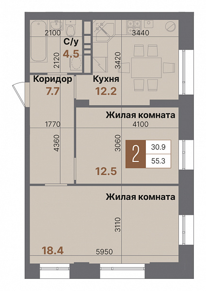 Планировка 2-комнатной квартиры