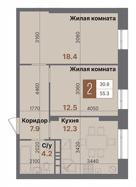 Планировка 2-комнатной квартиры