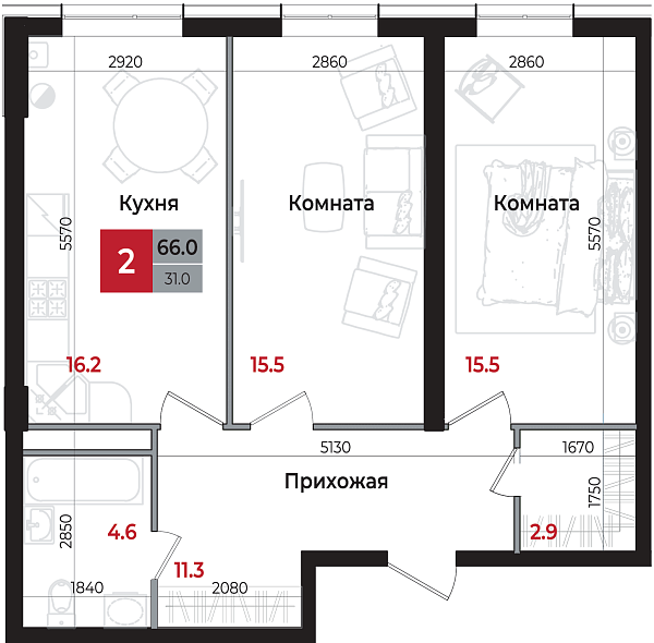 Планировка 2-комнатной квартиры