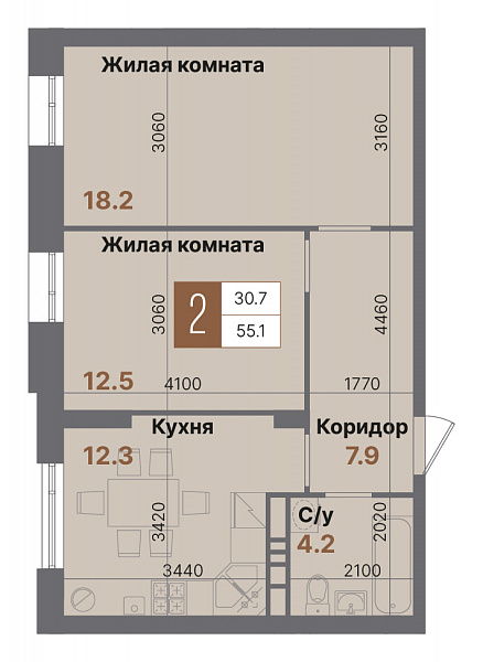 Планировка 2-комнатной квартиры