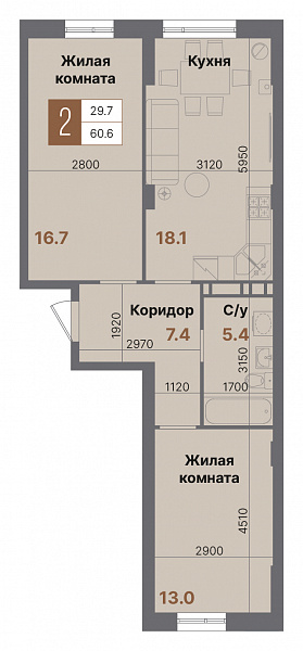 Планировка 2-комнатной квартиры