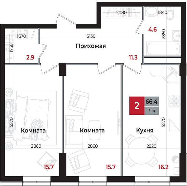 Планировка 2-комнатной квартиры