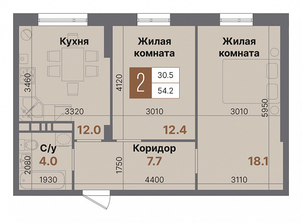 Планировка 2-комнатной квартиры