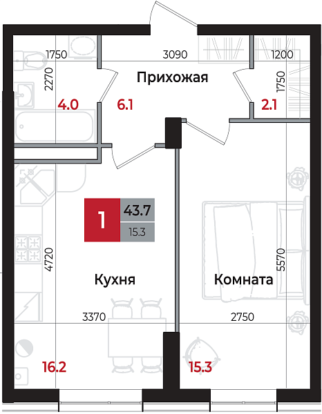 Планировка 1-комнатной квартиры